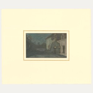 May include: A framed watercolor painting depicting a street scene at dusk. The artwork features buildings with illuminated windows and a dark, moody sky. The painting is set within a gold-toned frame, mounted on a cream-colored mat.