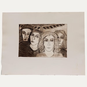 May include: A black and white ink drawing on paper featuring four figures with stylized facial features. The figures are arranged in a group, with some wearing hats or textured clothing, set against a background with architectural lines.