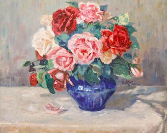 G. クロット作 - 20世紀初頭の油彩画、「バラの花束」オリジナル