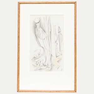 May include: A framed pencil sketch of a figure in a suit and hat, with abstract elements. The artwork is in a wooden frame with a white mat. The sketch is primarily in shades of gray and white, with some light yellow accents.