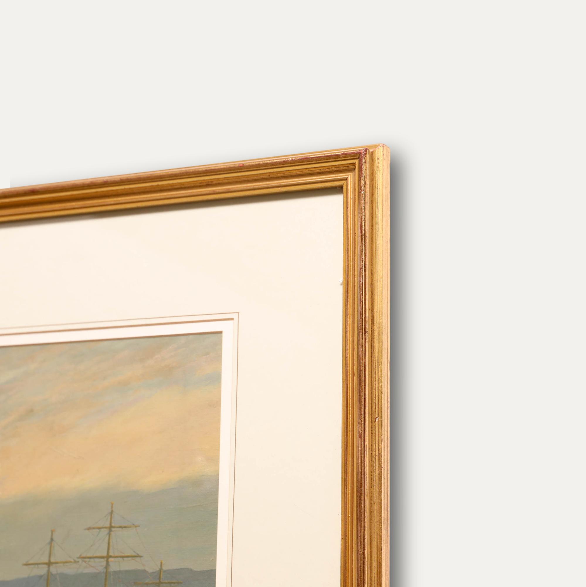 額入り20世紀の油絵 - 錨泊する帆船 オリジナルヴィンテージ