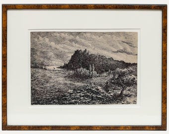 Framed 1888 Pen and Ink Drawing - Lady of the Lake Original Vintage Antique Artwork