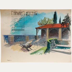 Pierre Neveu (b.1929) - Mid 20th Century Gouache, Rooftop Terrace Original Vintage Antique Artwork