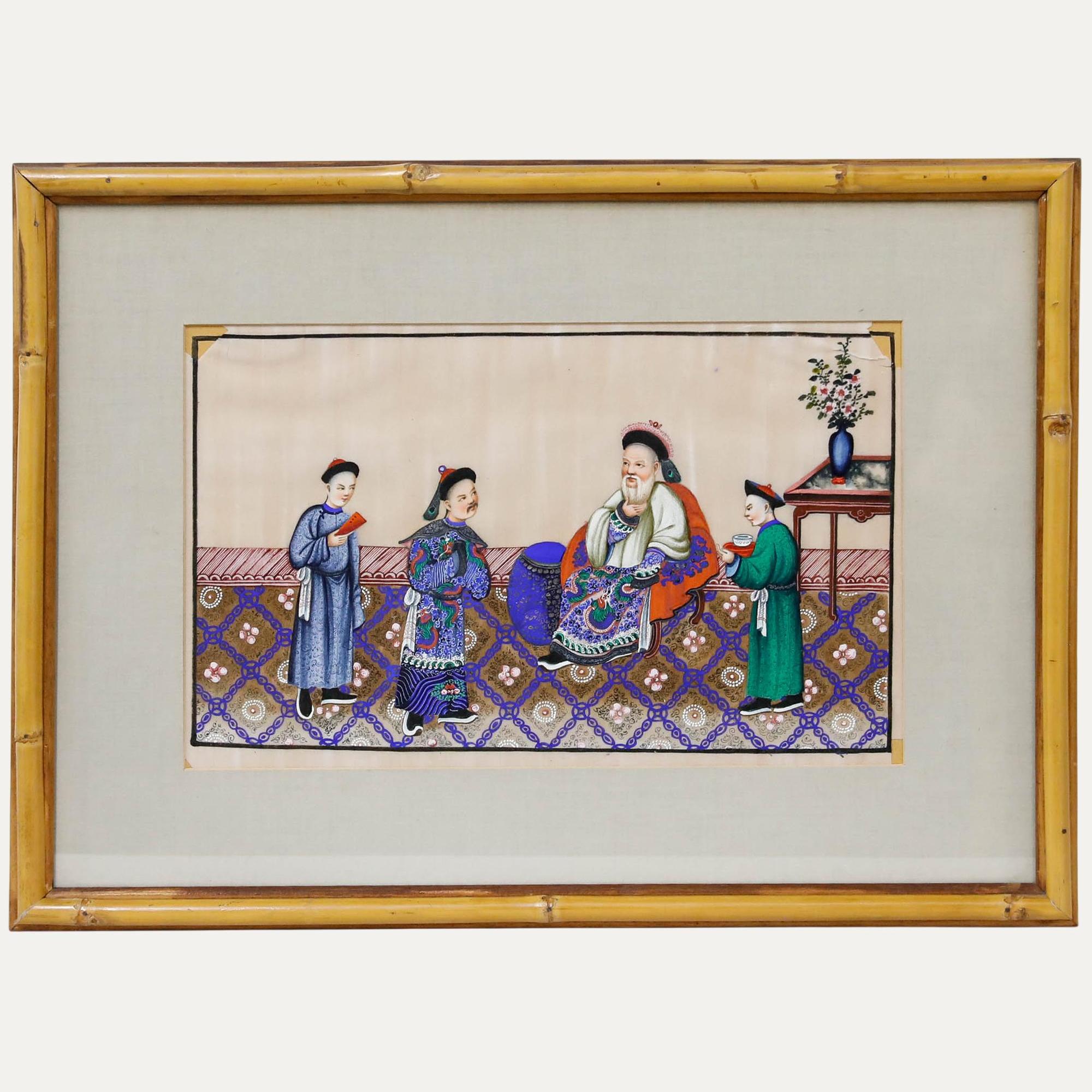 Chinese School 19th Century Gouache - Tea for the Gentleman Original Vintage Antique Artwork