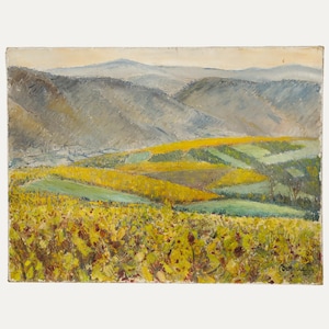 May include: Oil painting of a landscape with rolling hills and mountains. The foreground shows fields of yellow flowers, with green and brown patches. The sky is pale yellow, and the mountains are a muted grey. The artwork evokes a rural scene.