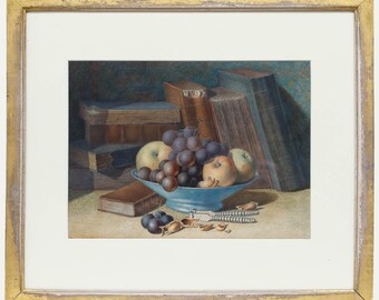 静物画 水彩『本と果物』 19世紀の水彩画 - 本と果物のある静物画 オリジナルのヴィンテージ