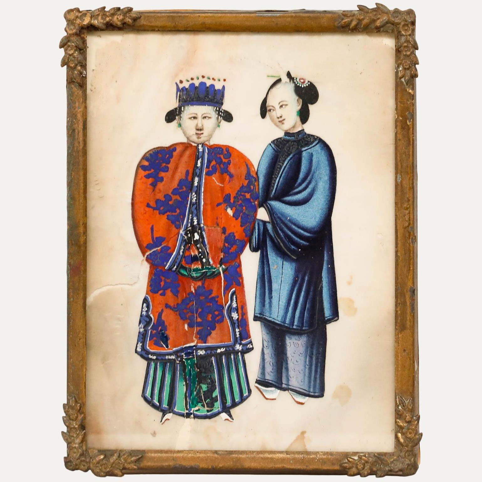 中国　古い　大型　人物画　アンティーク　絵画 額入り 19世紀中国水彩画 - 秦の朝皇帝と侍従 オリジナルヴィンテージ