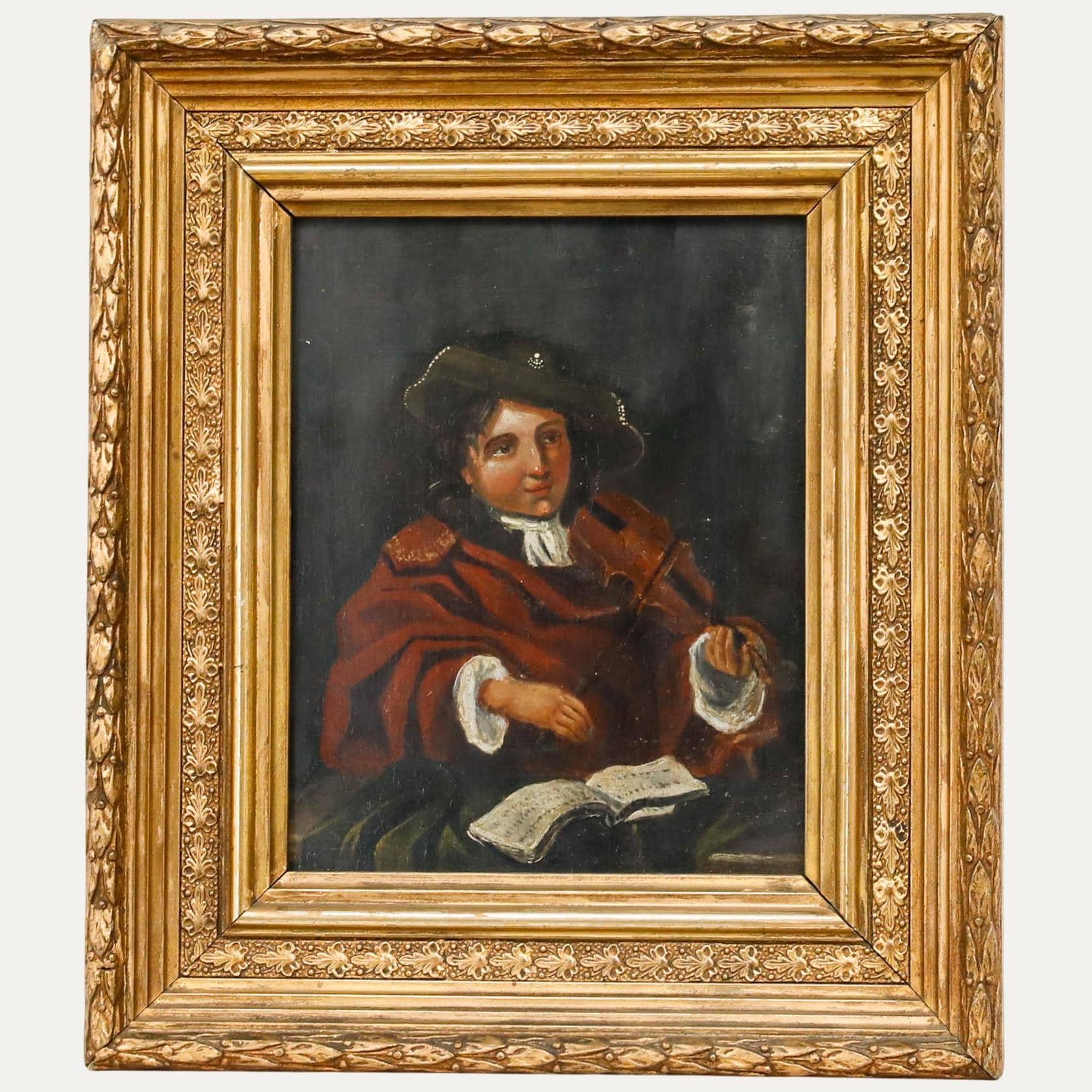 19世紀の油絵 - ヴァイオリンを弾く少年 オリジナルヴィンテージ