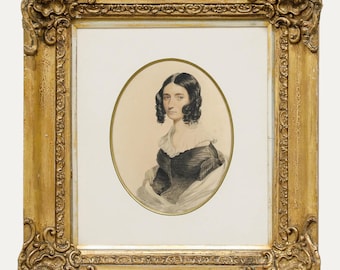 19世紀初頭の英国派の水彩画 - 黒髪の美女 オリジナルヴィンテージ