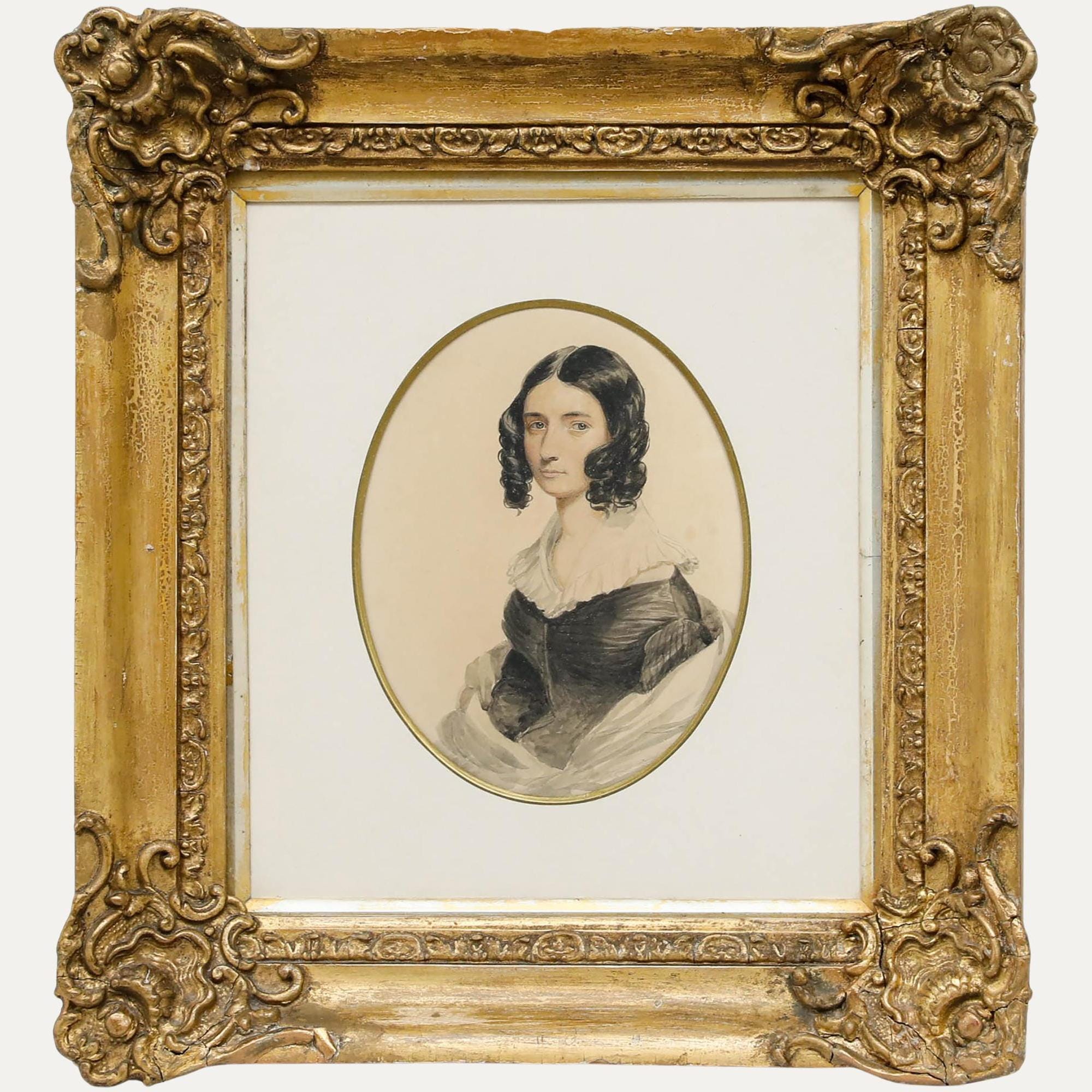 19世紀初頭の英国派の水彩画 - 黒髪の美女 オリジナルヴィンテージ