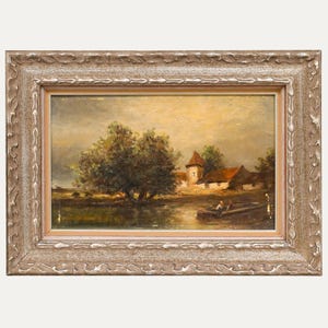 French School 19th Century Oil - Sur la Rivière Original Vintage Antique Artwork