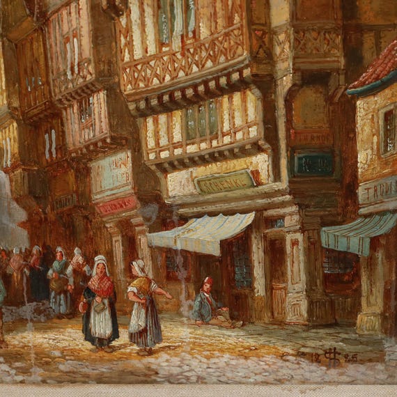【真作】絵画　ヘンリー・シェーファー　油彩　ヨーロッパ古都風景　Z31 ヘンリー・シェーファー（1854-1915） - 1885年 油彩、フランクフルト