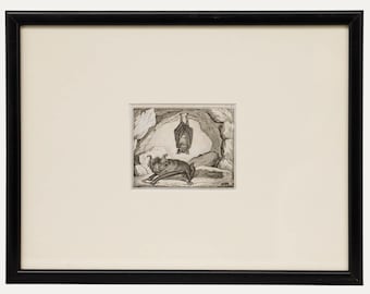 May include: A framed black and white etching of a bat in a cave. The bat is depicted in a detailed, realistic style, with one bat hanging upside down and another on the ground. The artwork is framed in a black frame.