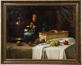 W. F. Mulder – Oprawione dzieło sztuki olejnej z połowy XX wieku, martwa natura z dzbankiem imbiru i owocami, oryginalne dzieło sztuki antycznej