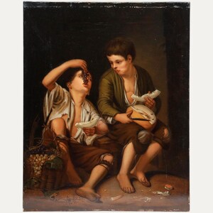 May include: Oil painting showing two young figures sharing grapes and bread. One figure, in a white shirt, is eating grapes, while the other, in a green shirt, holds bread. A basket of grapes sits nearby. The artwork has a dark background.