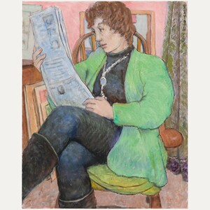 May include: An oil painting shows a person seated in a wooden chair, reading a newspaper. The person wears a black turtleneck, a green jacket, and dark blue jeans. A silver necklace with a blue pendant is visible. The background includes a pink wall and a window.