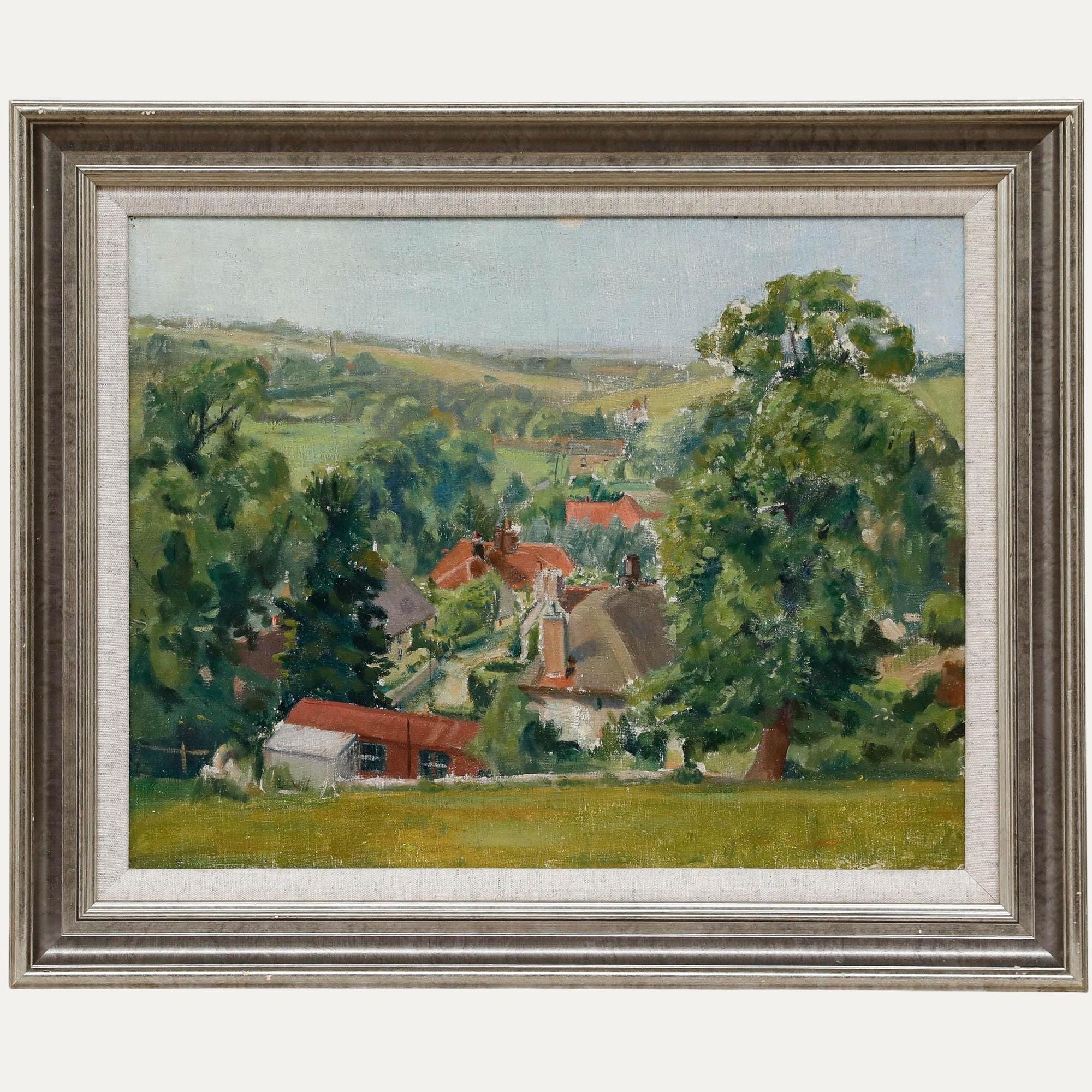 額入り20世紀の油絵 - 村の眺め オリジナルヴィンテージ