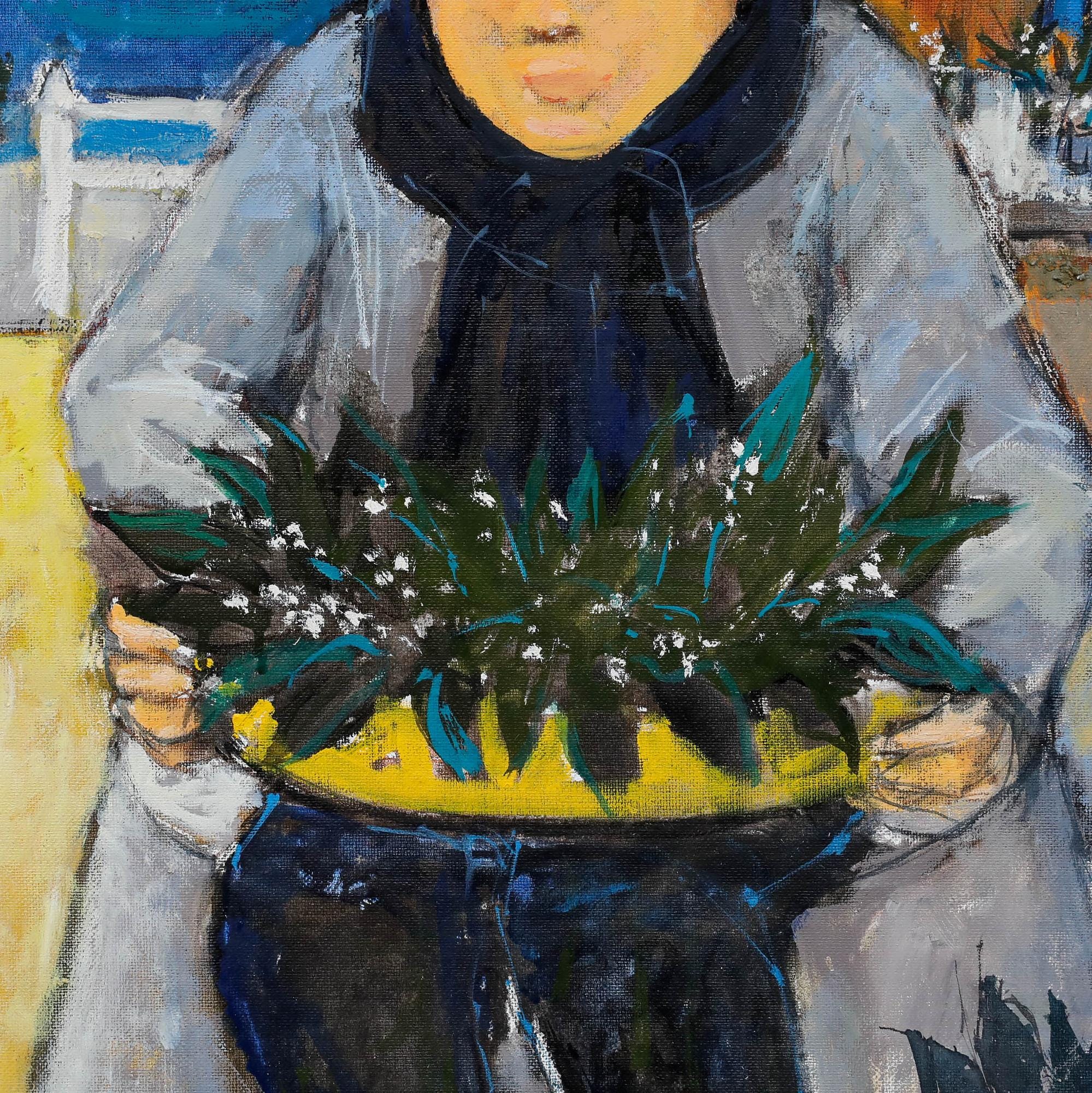 ピエール・ヌヴー（1929年生まれ） - 現代油彩画、「花を持つ少女