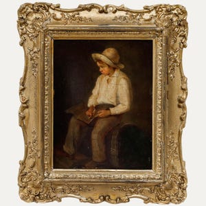 Feines Mid 19th Century Öl - Junge in Gedanken Original Vintage Kunstwerk