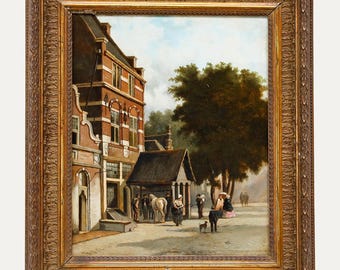 額入り19世紀の油絵 - 街の通りの風景 オリジナルヴィンテージ