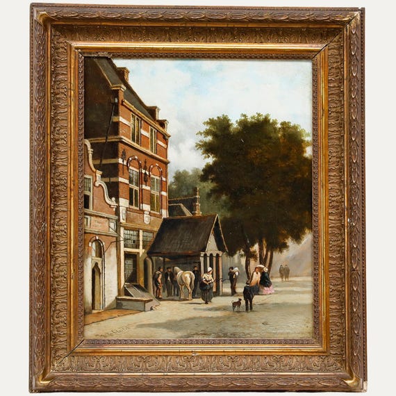 額入り19世紀の油絵 - 街の通りの風景 オリジナルヴィンテージ