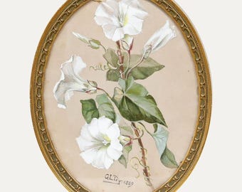 May include: A watercolour painting in an oval gold frame, depicting white morning glory flowers with green leaves and vines. The artwork is set against a beige background. The artist's signature and the year 1889 are visible in the bottom corner.