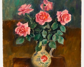 油絵 静物画 バラ 花瓶 フルーツ 60×80cm サイン入り 額縁付き img21529557971.jpg