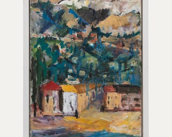 Pode incluir: Pintura a óleo abstrata emoldurada em branco. A obra retrata uma paisagem com uma aldeia de edifícios amarelos e castanhos com telhados vermelhos e brancos, contra um fundo de montanhas e árvores em tons de azul, verde e castanho.