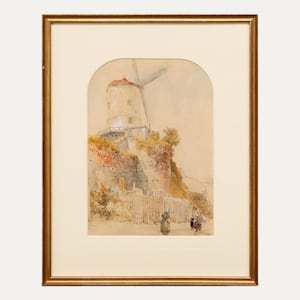 Framed 19th Century Watercolour - Windmill on the Castle Wall Original Vintage Antique Artwork