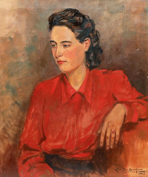 Pintura al óleo vintage: Dama con blusa roja de Luc De Decker