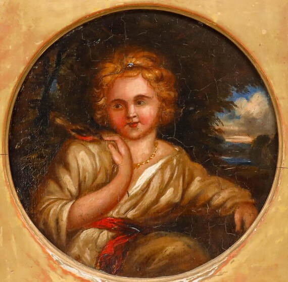 19世紀初頭の油彩画 - 少女とロビンのオリジナルヴィンテージ