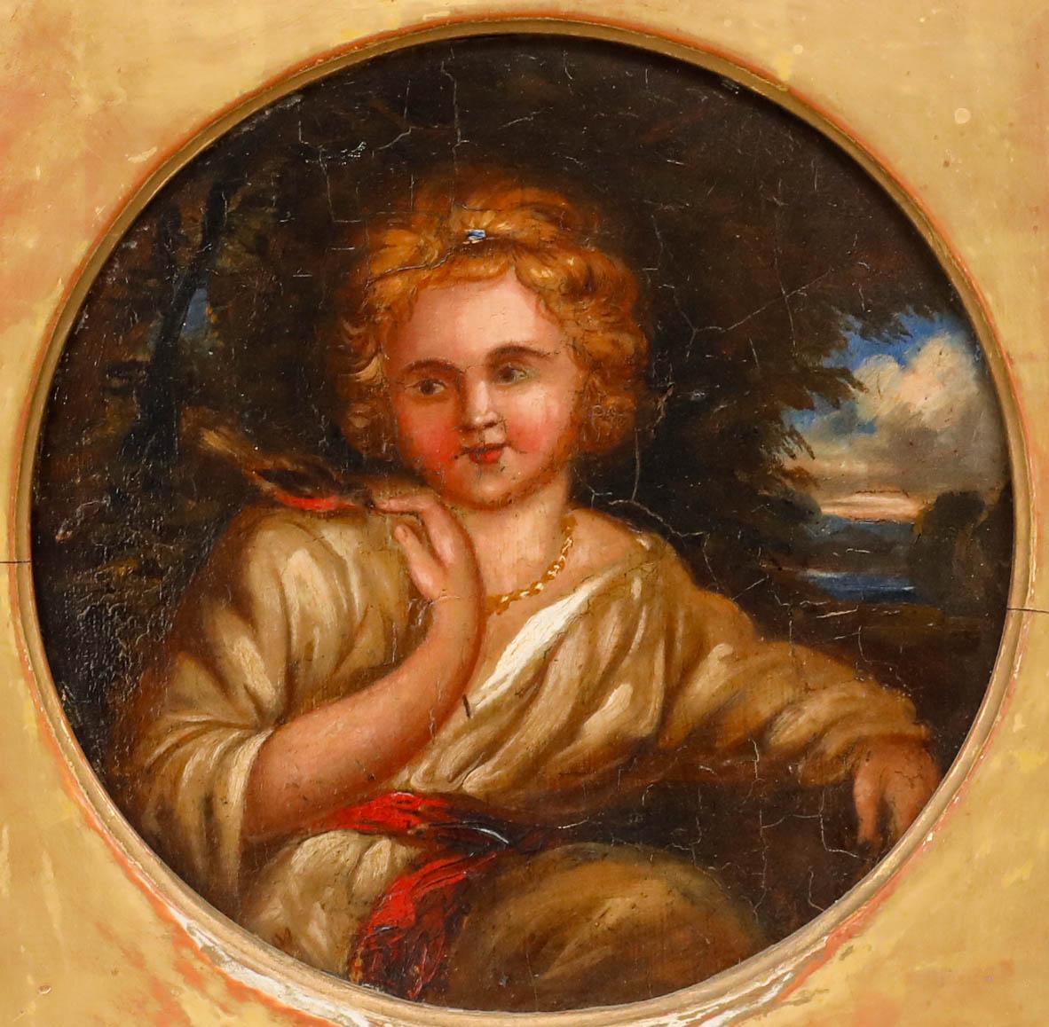 19世紀初頭の油彩画 - 少女とロビンのオリジナルヴィンテージ