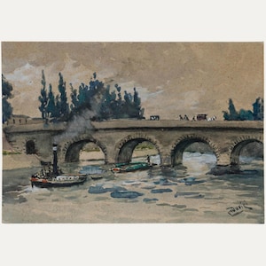 Early 20th Century Watercolour - Steam Boats on the River Original Vintage Antique Artwork