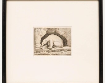 May include: A framed black and white etching depicts a polar bear in a cave with a seal. The bear is positioned near the seal, with the cave's opening visible in the background. The artwork is framed in a black frame.