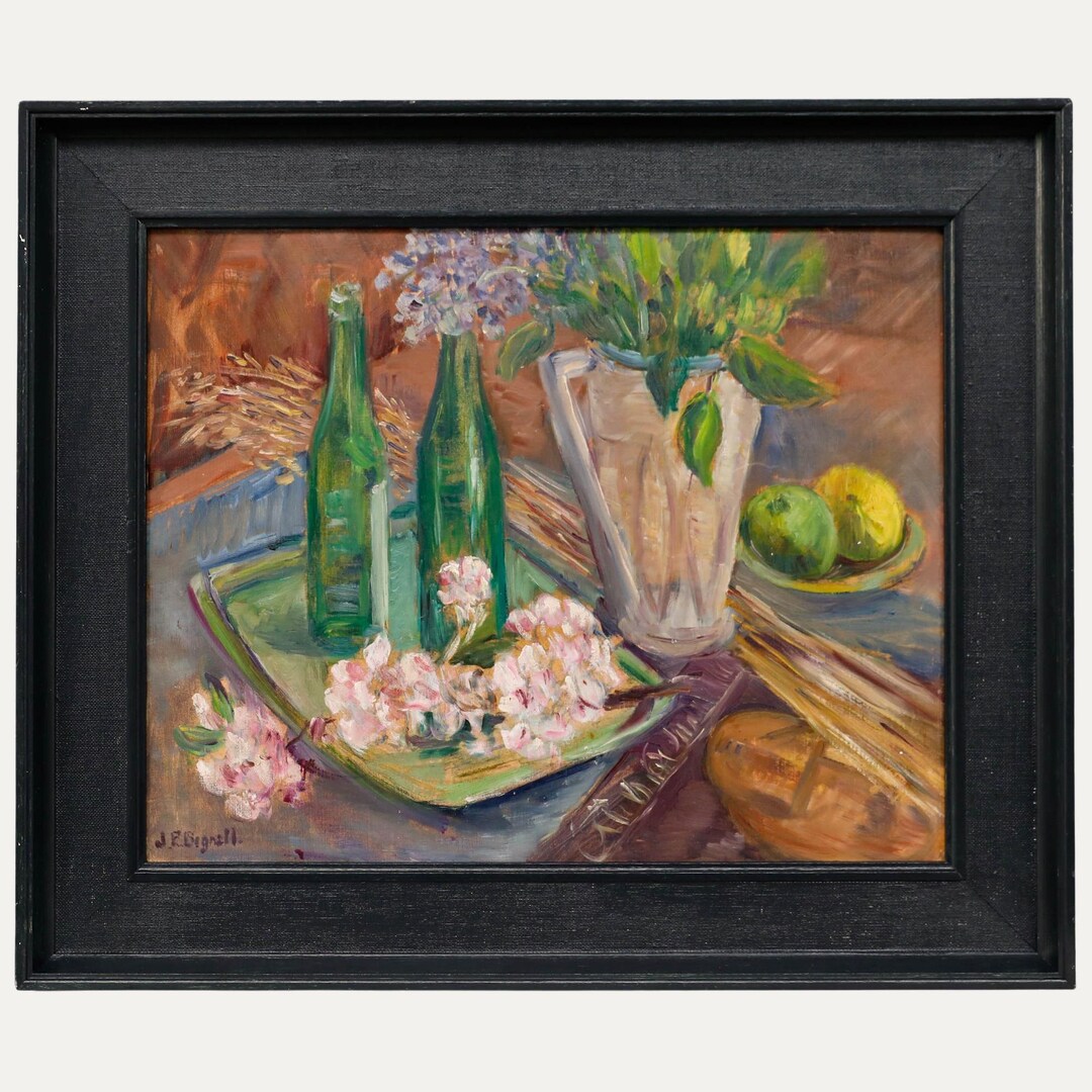 ジェシー・ペイジ・ビグネル (1896-1992) - 20世紀の油彩、花、ボトル