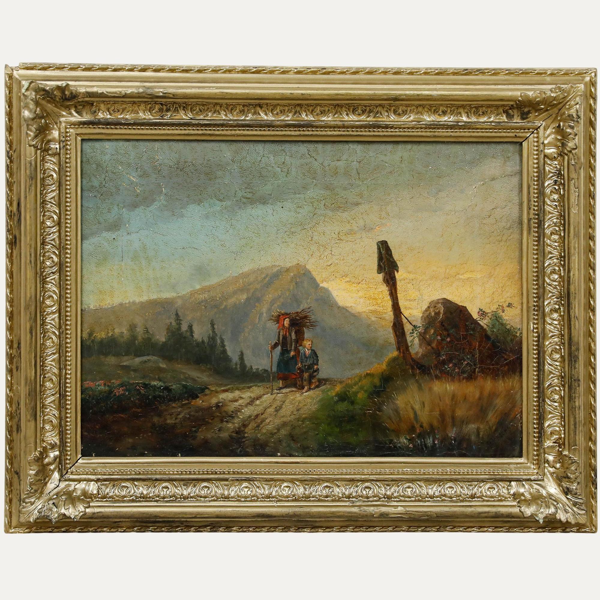 P. パシュケ - 1884年 油彩画「長い帰路」 オリジナル ヴィンテージ