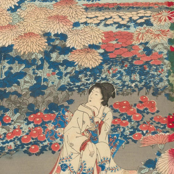橋本直吉（1838-1912）作 - 日本の木版画、「花園にて」オリジナル
