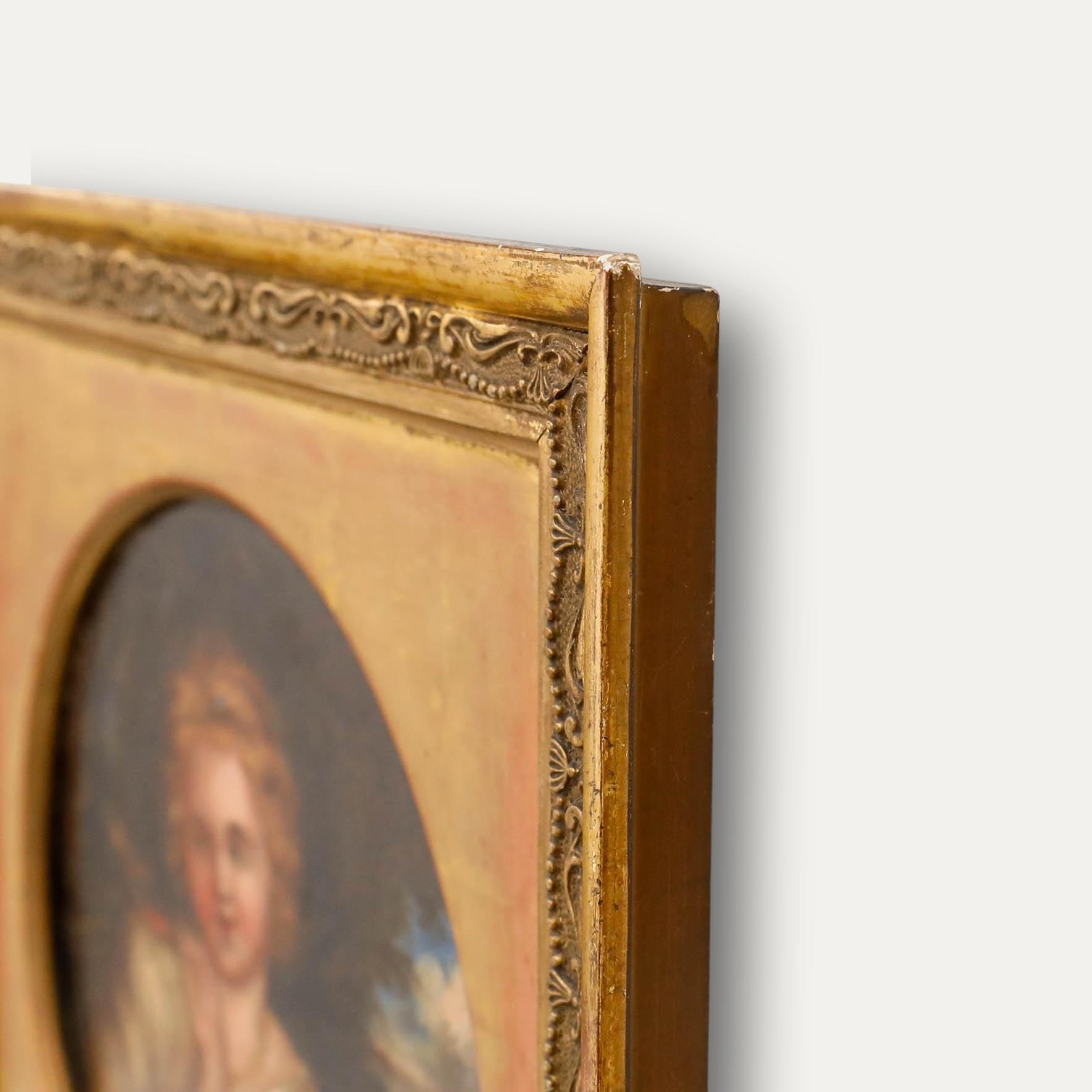 19世紀初頭の油彩画 - 少女とロビンのオリジナルヴィンテージ