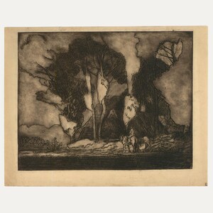 May include: A monochrome etching shows a countryside scene with trees, a small building, and riders on horseback. The artwork has a vintage feel, with detailed shading and a cloudy sky.