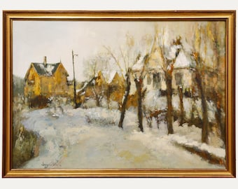 1977 Oil - Winter in Bergen, Norway Original Vintage Antique Artwork