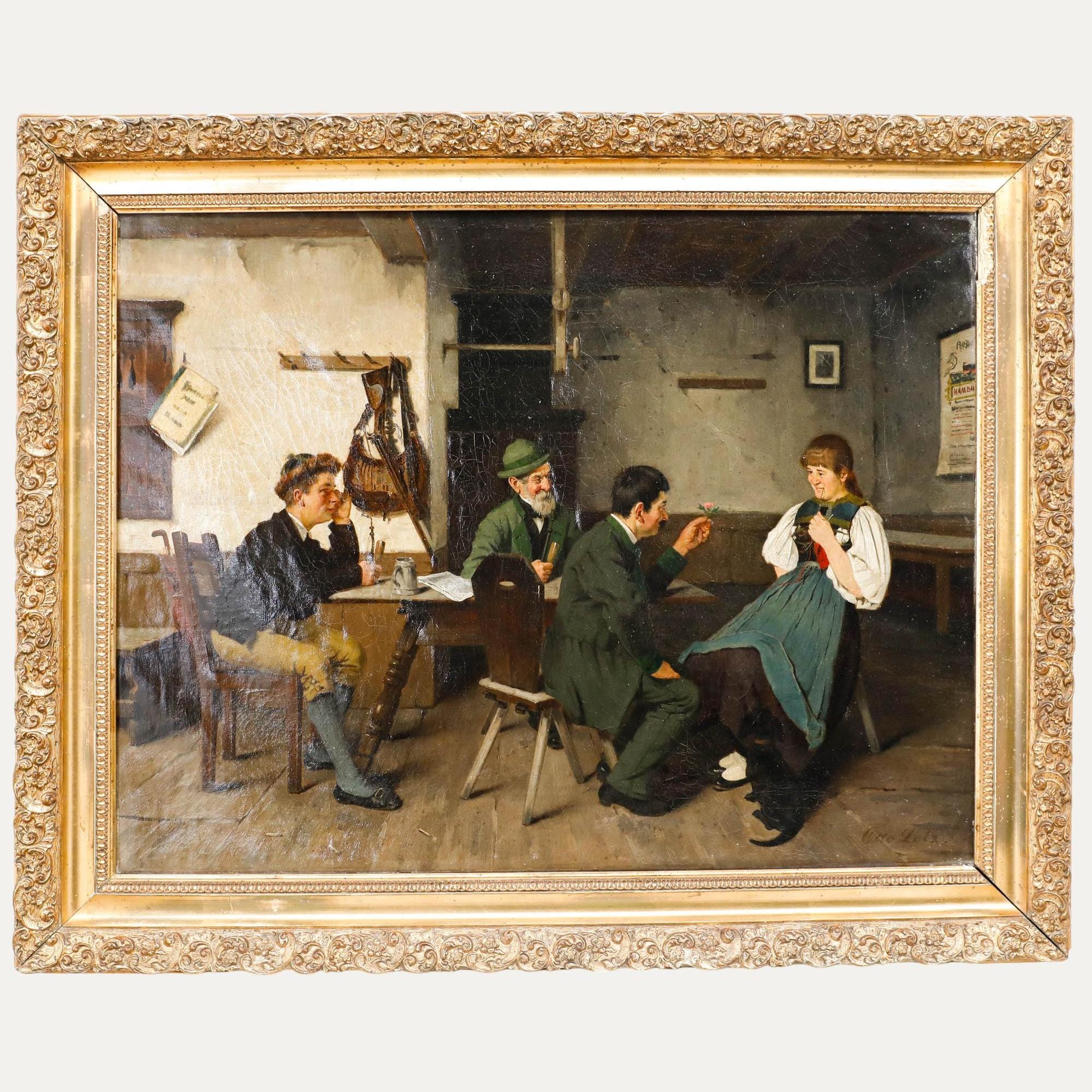 オットー・ライツの絵画：ドイツの酒場風景、19世紀アンティーク油彩