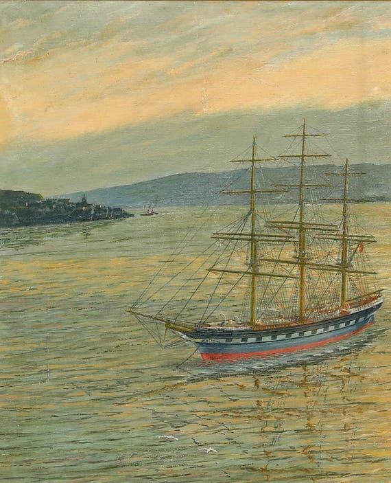 額入り20世紀の油絵 - 錨泊する帆船 オリジナルヴィンテージ