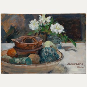 Pauline Plummer (b.1933) - Contemporary Oil, Fruit Bowl & White Flowers Original Vintage Antique Artwork image 1