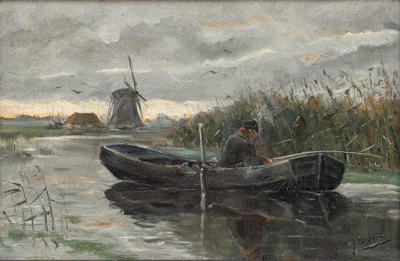 H.J. Wolff Dutch River Scene Oil Painting - Early 20th Century