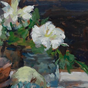 Pauline Plummer (b.1933) - Contemporary Oil, Fruit Bowl & White Flowers Original Vintage Antique Artwork image 4