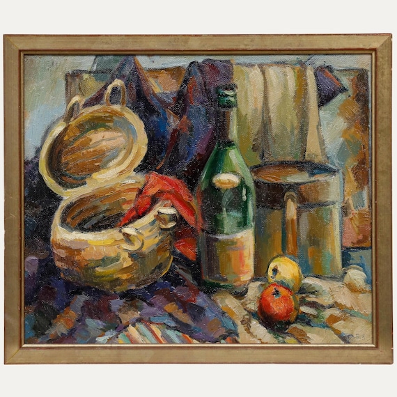 額入り 20 世紀半ばの油絵 - ワインとリンゴのある静物画 オリジナル