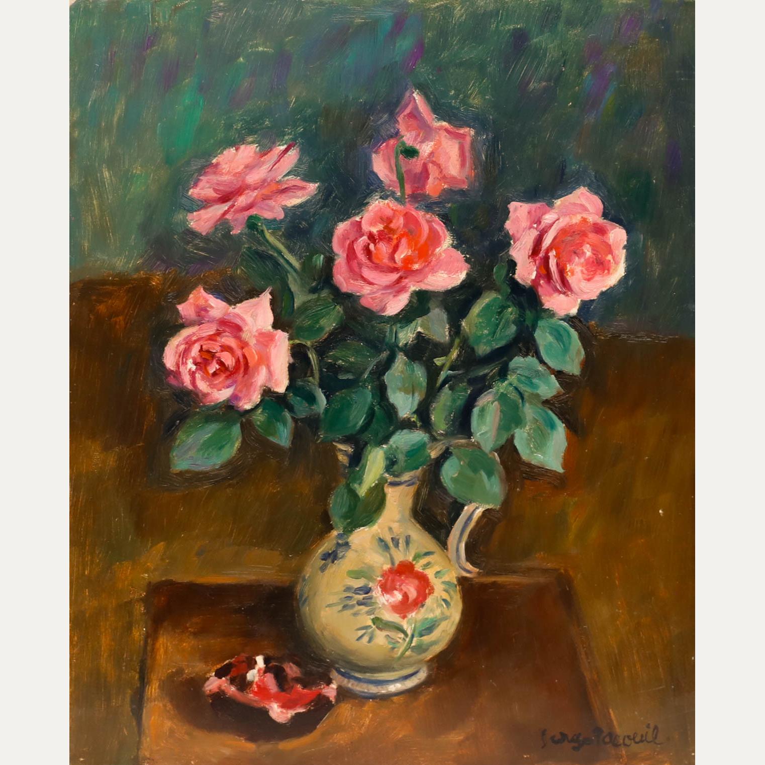 ヴィンテージピンクのバラの油絵：ミッドセンチュリーの花の静物画