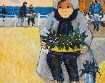 ピエール・ヌヴー（1929年生まれ） - 現代油彩画、「花を持つ少女