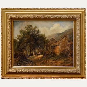 English School 19th Century Oil - By Thatched Cottages Original Vintage Antique Artwork