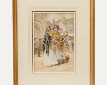 イギリス ヴィンテージ 人物絵 額入り ウォルター・ダンカン ARWS (1848-1932) - 水彩画「コヴェント